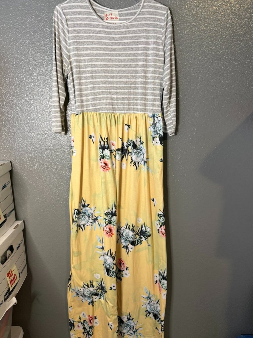 Womens Gray Stripe Yellow Floral Maxi Dress 3/4 Sleeve Casual Size M